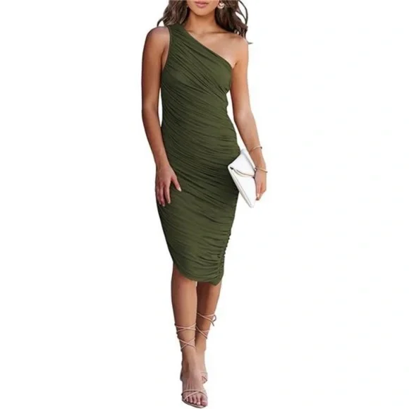 Dresses | One Shoulder Sleeveless Party Cocktail Pencil Dresses Army Green  | Poshmark